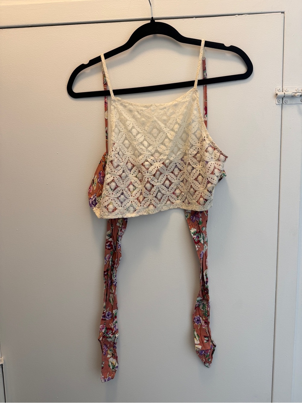 Free People Cream Lace Layered Crop Top with Floral Ties